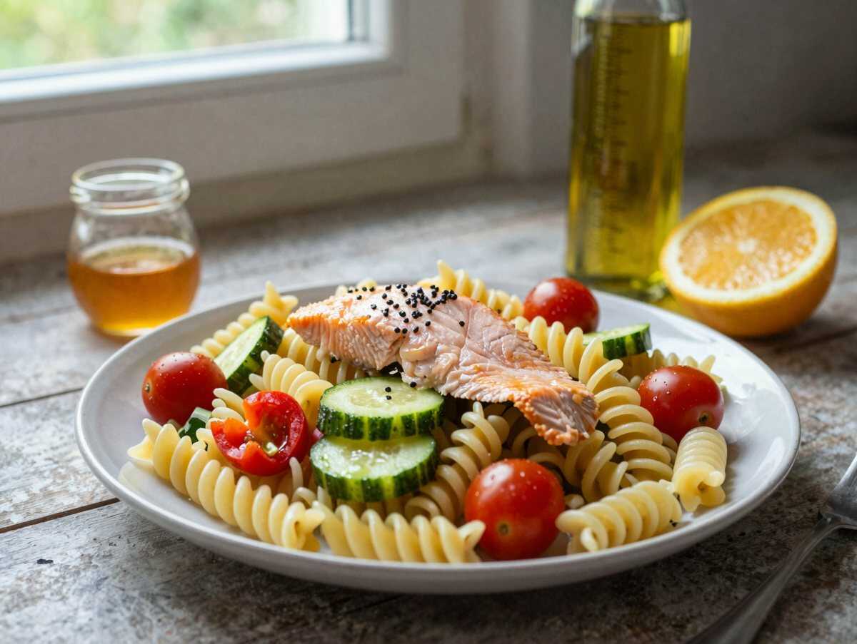 Party-Fusilli-Salat mit Lachs & buntem Gemüse – Der absolute Blickfang auf jedem Buffet! – während der Zubereitung