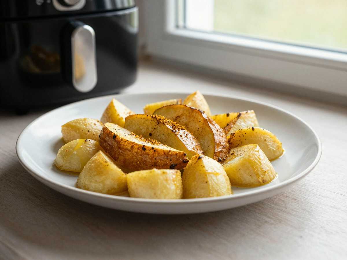 Pastinaken-Pommes aus dem Airfryer – perfekt als Beilage zum Grillabend – während der Zubereitung