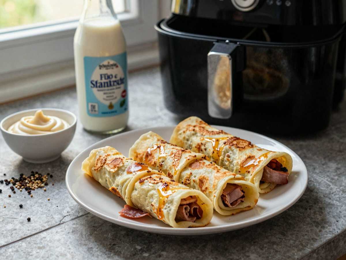 Pfannkuchen-Röllchen mit Schinken überbacken im Airfryer – spart Zeit, Fett und Abwasch – während der Zubereitung