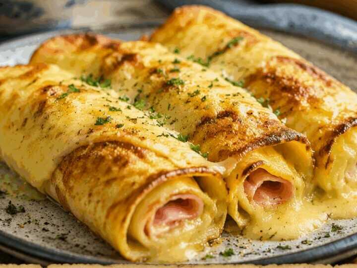 Pfannkuchen-Röllchen mit Schinken überbacken im Airfryer – mit Zutaten, die du sowieso zu Hause hast