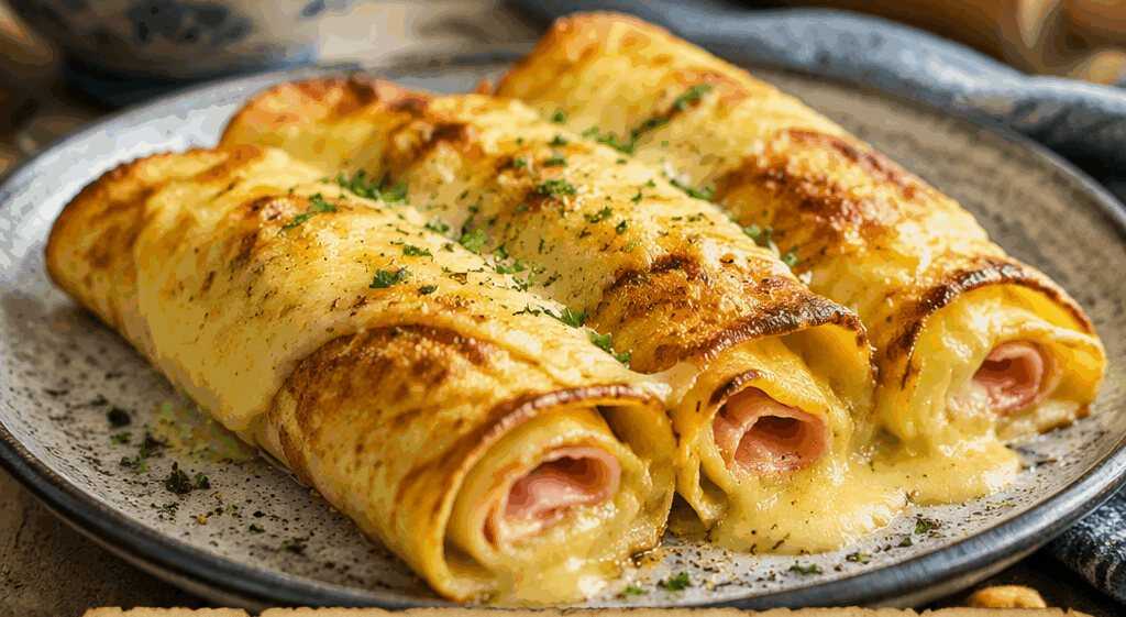 Pfannkuchen-Röllchen mit Schinken überbacken im Airfryer – mit Zutaten