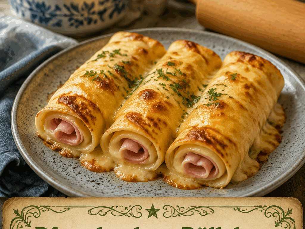 Pfannkuchen-Röllchen mit Schinken überbacken im Airfryer – spart Zeit, Fett und Abwasch