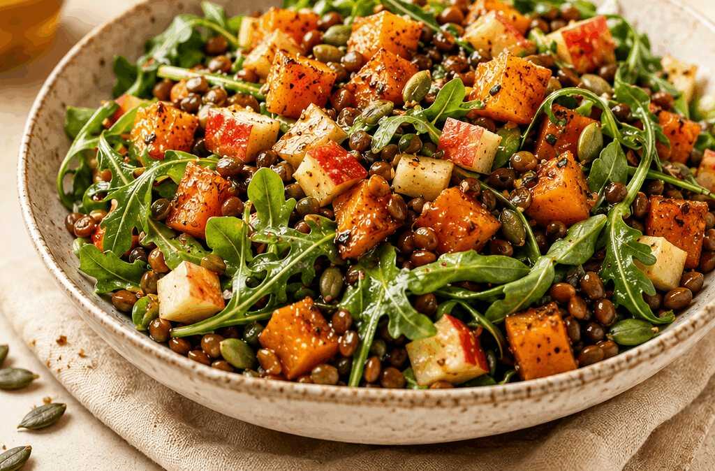 Probieren Sie diesen köstlichen Kürbis-Linsensalat für gemütliche Herbsttage aus!