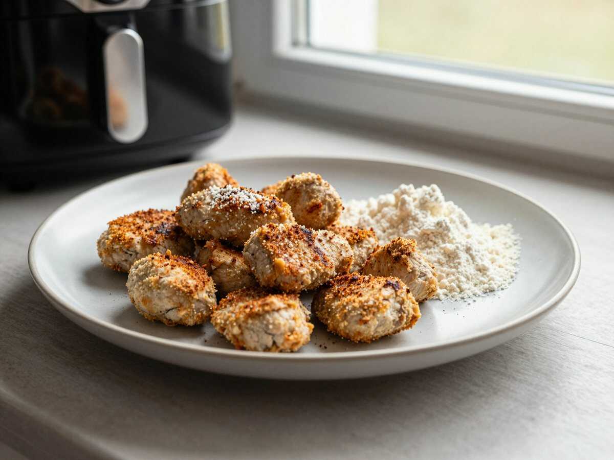 Protein-Nuggets aus Hähnchenbrust im Airfryer, der Klassiker neu entdeckt – während der Zubereitung