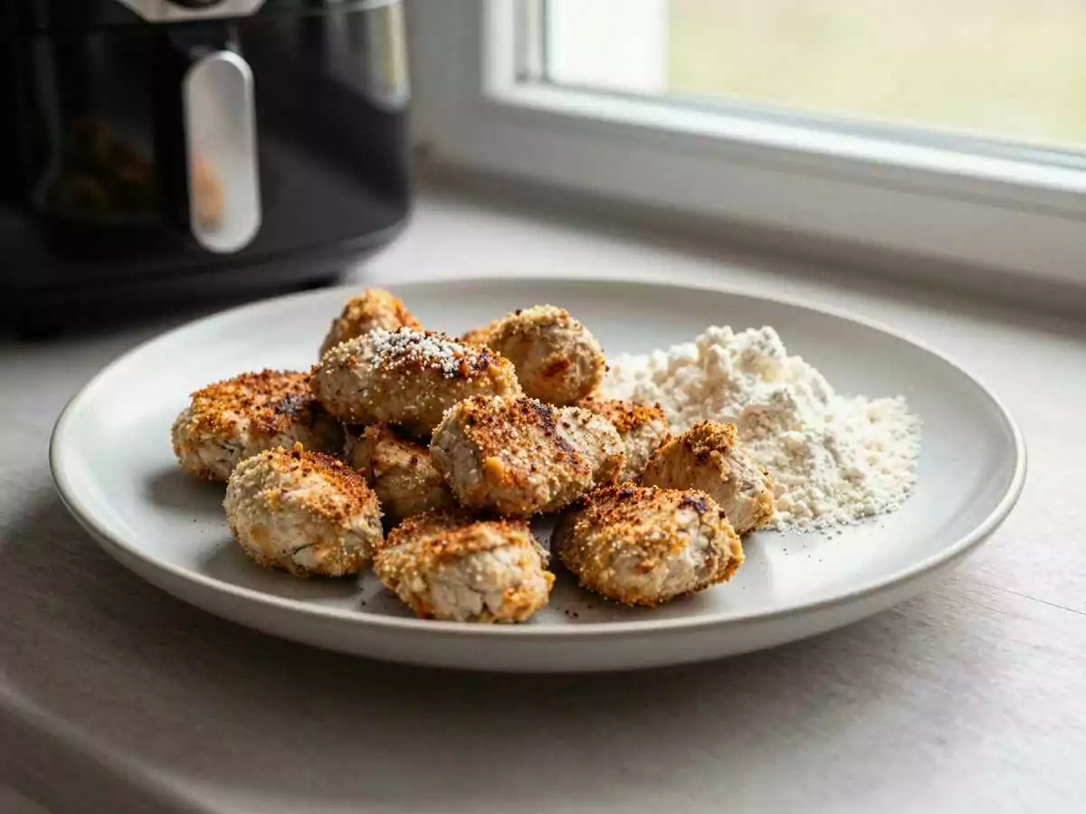 Protein-Nuggets aus Hähnchenbrust im Airfryer, der Klassiker neu entdeckt – während der Zubereitung
