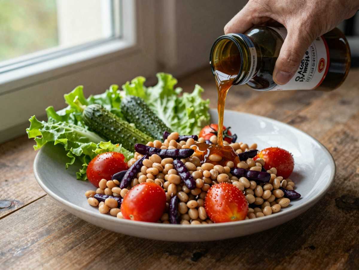 Proteinreicher Salat mit Hülsenfrüchten – während der Zubereitung