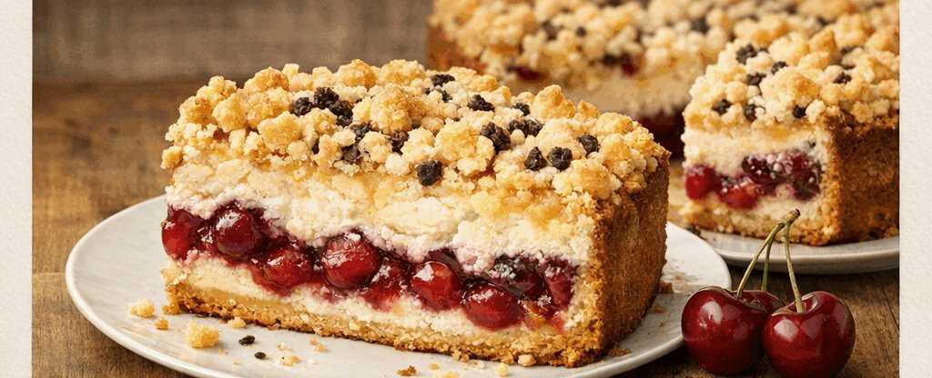 Quark-Streuselkuchen mit unwiderstehlicher Vanille-Kirsch-Füllung