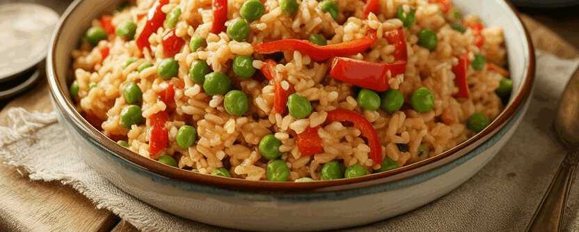 Reissalat mit Paprika und Erbsen – so sieht es fertig aus