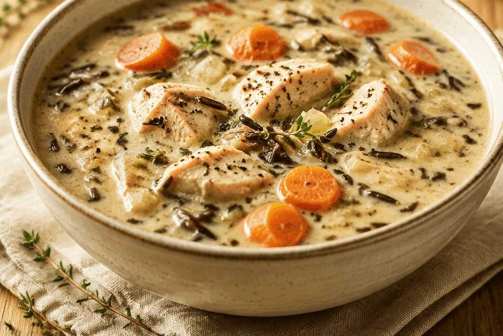 Rezept für Cremige Hühnersuppe mit Wildreis, perfekt für gemütliche Abende
