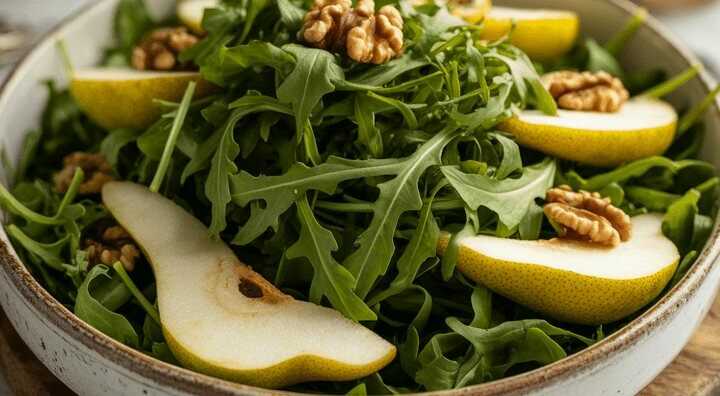 Rucola-Salat mit Birne, Walnüssen und Honig-Senf-Dressing