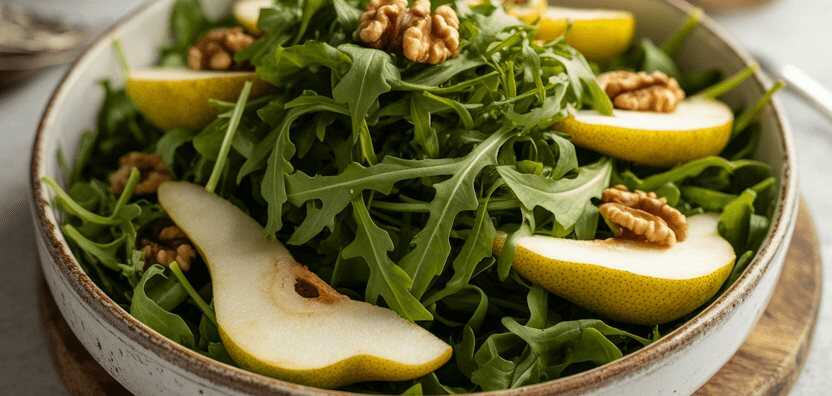 Rucola-Salat mit Birne, Walnüssen und Honig-Senf-Dressing