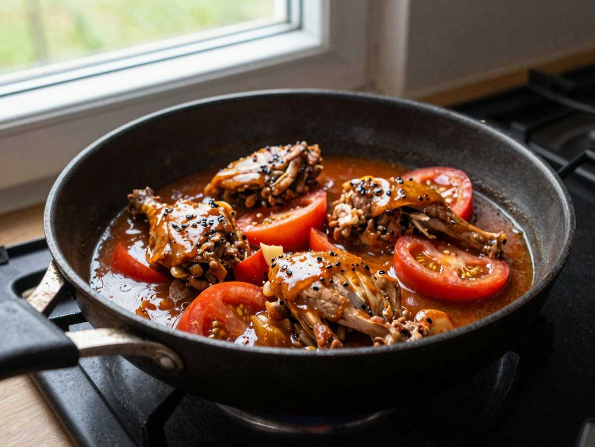 Saftiges Hähnchen in Sojasauce mit Tomaten aus der Pfanne - Ein köstliches Gericht, das du nicht verpassen solltest! – während der Zubereitung