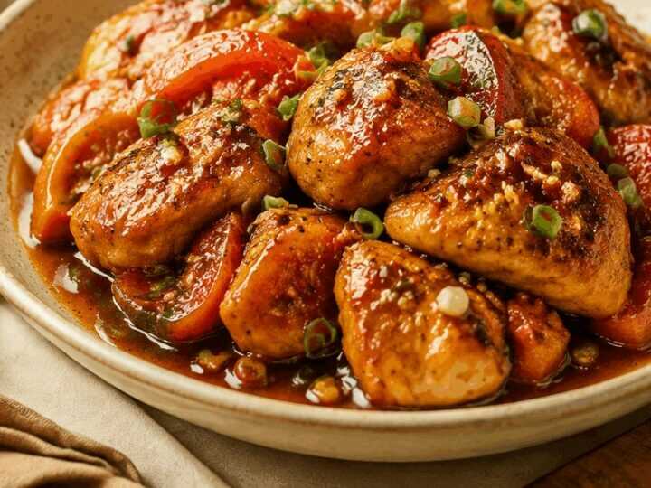 Saftiges Hähnchen in Sojasauce mit Tomaten aus der Pfanne – Ein köstliches Gericht, das du nicht verpassen solltest!