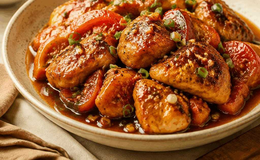 Saftiges Hähnchen in Sojasauce mit Tomaten aus der Pfanne – Ein köstliches Gericht, das du nicht verpassen solltest!