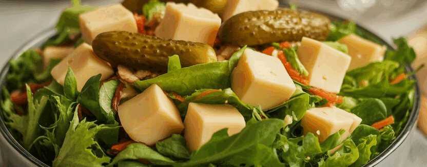 Salat mit Emmentaler und Essiggurken – so sieht es fertig aus