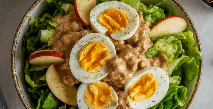 Salat mit gekochtem Ei und Apfelessig – so sieht es fertig aus