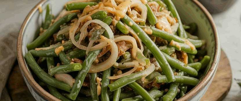 Salat mit grünen Bohnen und Zwiebeln – so sieht es fertig aus