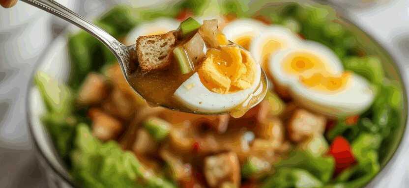 Salat mit hartgekochtem Ei und Essigdressing – so sieht es fertig aus