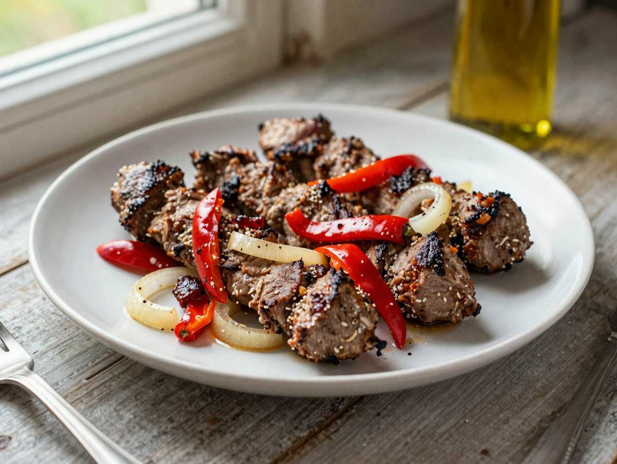 Schaschlik-Spieße aus der Heißluftfritteuse – besser als vom Imbiss – während der Zubereitung