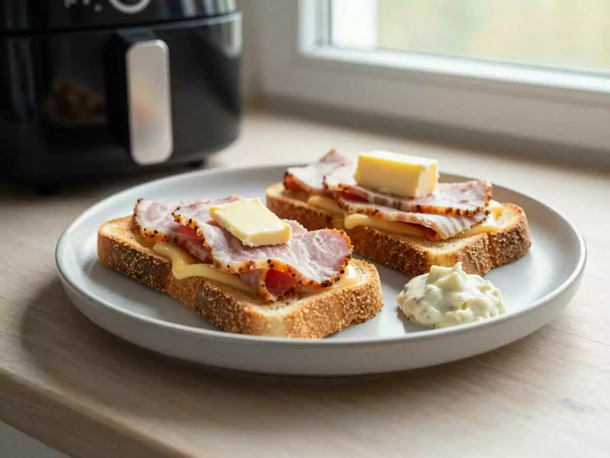 Schinken-Käse-Toast-Röllchen aus dem Airfryer – das schnelle Abendessen für stressige Tage – während der Zubereitung