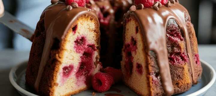 Schoko Gugelhupf mit 120 g Himbeeren, blitzschnell zubereitet!