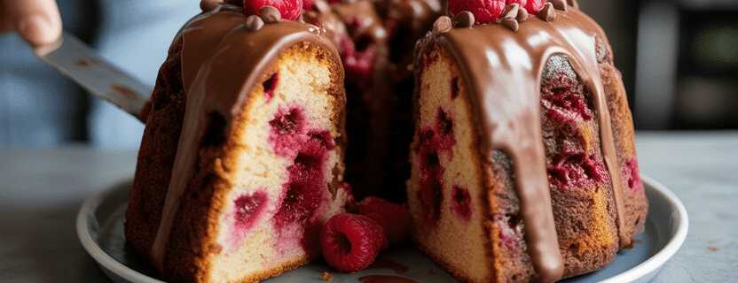 Schoko Gugelhupf mit 120 g Himbeeren, blitzschnell zubereitet!