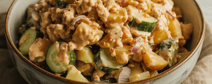 Schwäbischer Kartoffel-Gurkensalat mit Essig und Öl – so sieht es fertig aus