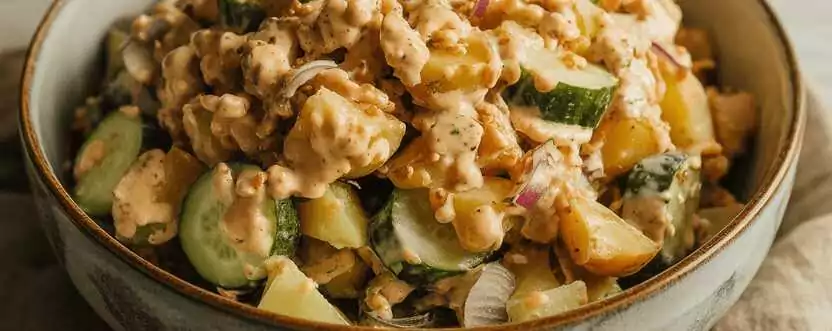 Schwäbischer Kartoffel-Gurkensalat mit Essig und Öl – so sieht es fertig aus