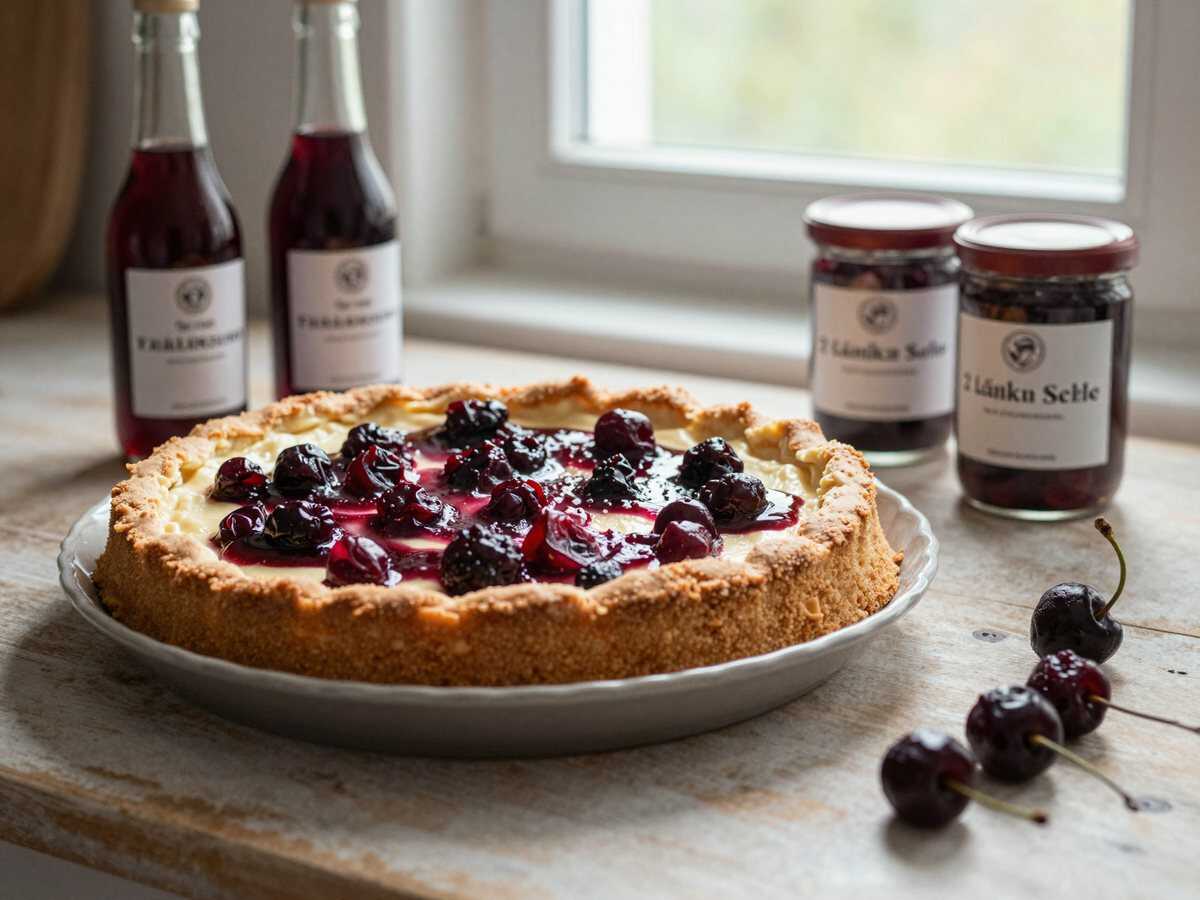 Schwarzwälder Kirschtorte vom Blech mit 2 Gläser Sauerkirschen – während der Zubereitung