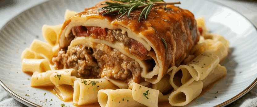 Sie brauchen nur 5 Rouladen & 200g Feta, Schichtbraten in Senfsauce – so sieht es fertig aus