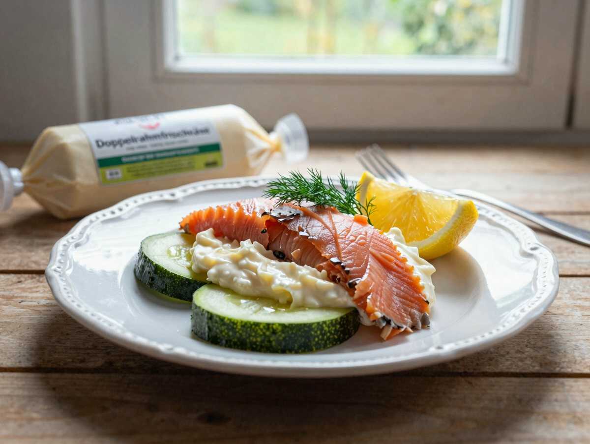 So fein, Gurken Lachs Häppchen mit 200 g Doppelrahmfrischkäse – während der Zubereitung