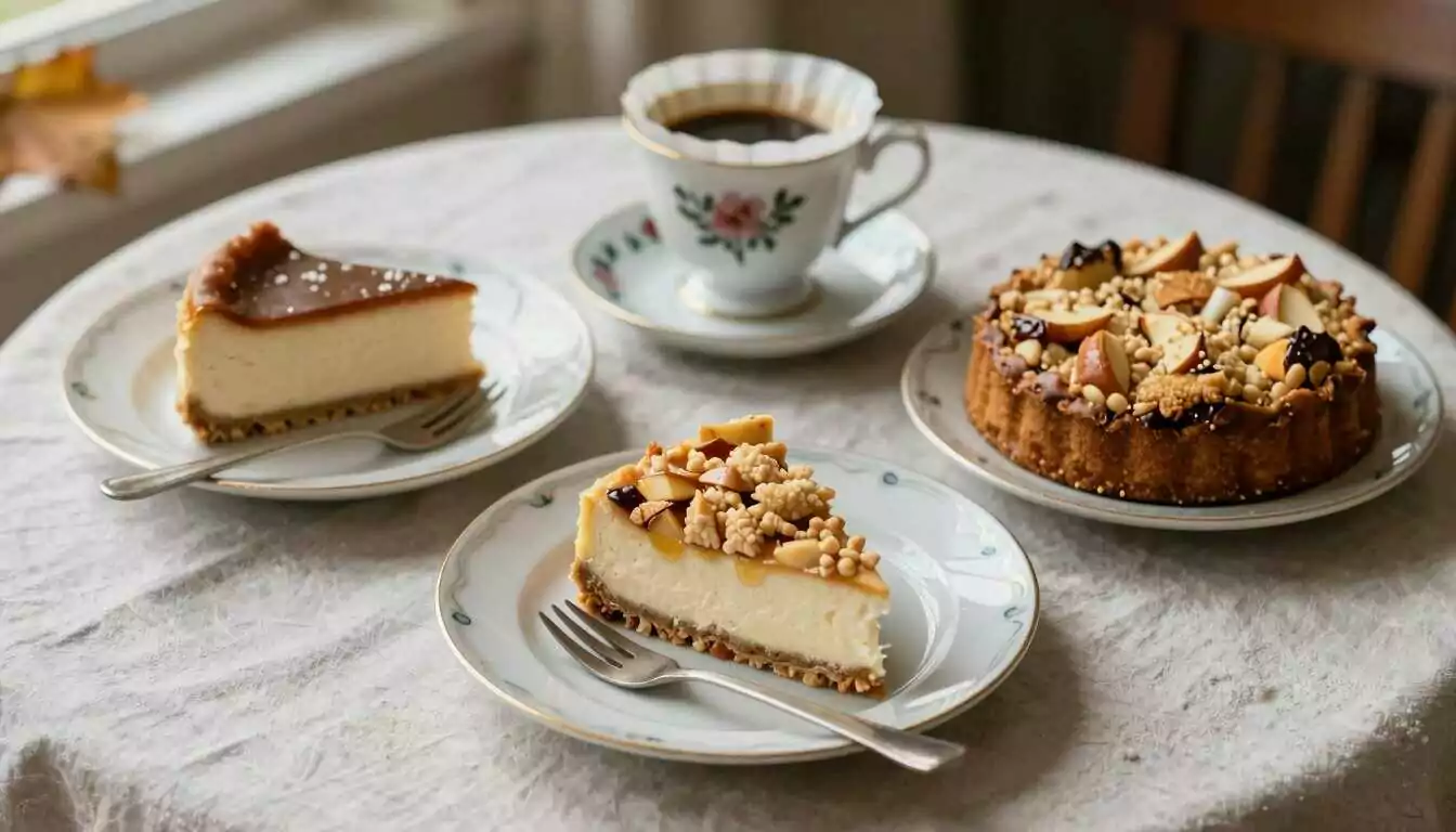 Gedeckte Kaffeetafel mit Käsekuchen und Apfelstreuselkuchen