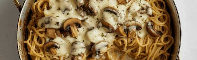 Spaghetti aus der Pfanne mit 250 g Champignons und Käse – so sieht es fertig aus
