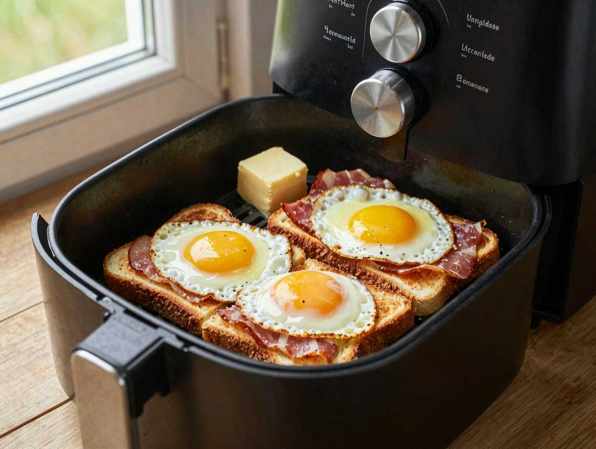 Spiegelei-Toast aus dem Airfryer – das schnelle Abendessen für stressige Tage – während der Zubereitung