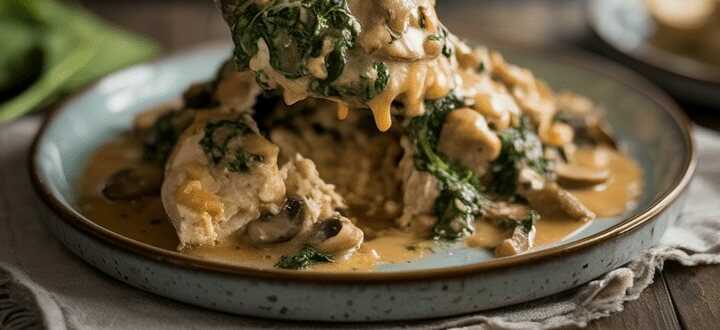 Spinat Hähnchen mit 250 g Champignons in leckere Knoblauchsauce