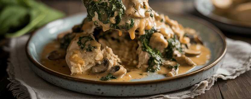 Spinat Hähnchen mit 250 g Champignons in leckere Knoblauchsauce