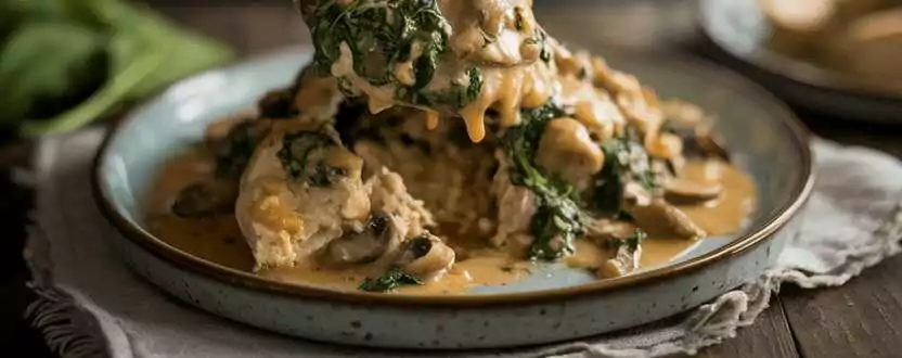 Spinat Hähnchen mit 250 g Champignons in leckere Knoblauchsauce