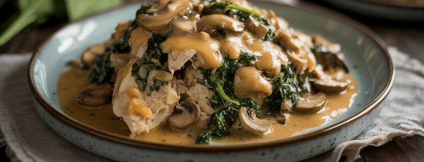 Spinat Hähnchen mit 250 g Champignons in leckere Knoblauchsauce – so sieht es fertig aus