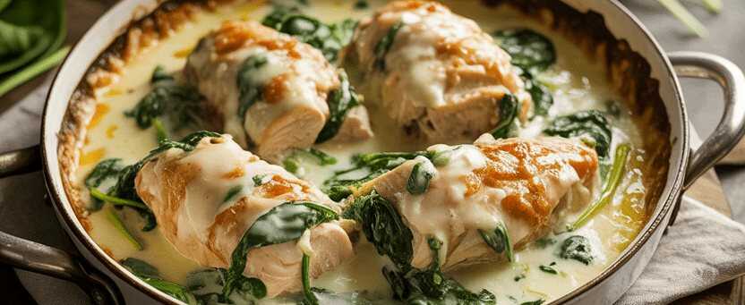Spinat mit 500 g Hähnchenbrust in leckere Knoblauch Parmesansauce – so sieht es fertig aus