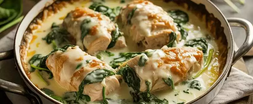 Spinat mit 500 g Hähnchenbrust in leckere Knoblauch Parmesansauce – so sieht es fertig aus