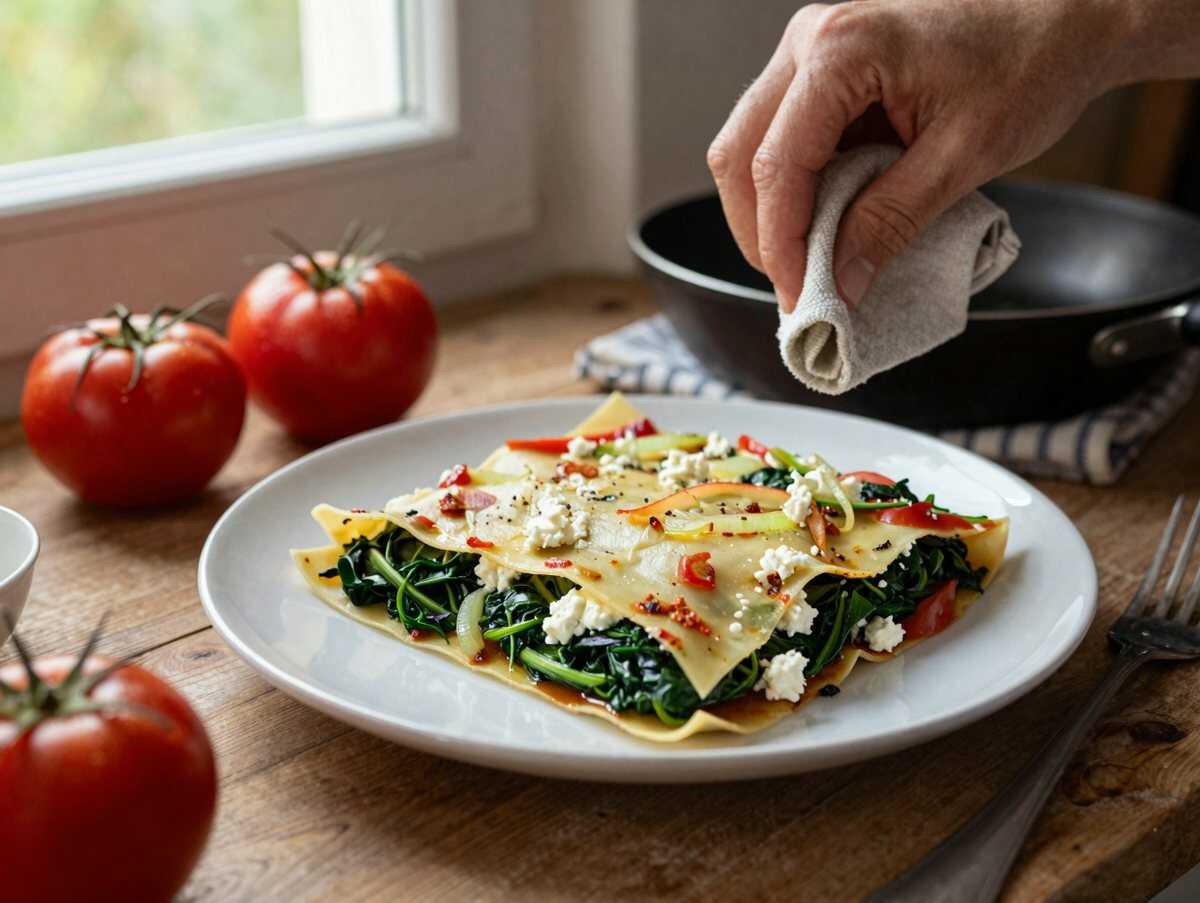 Spinatlasagne mit Feta und Tomaten – während der Zubereitung