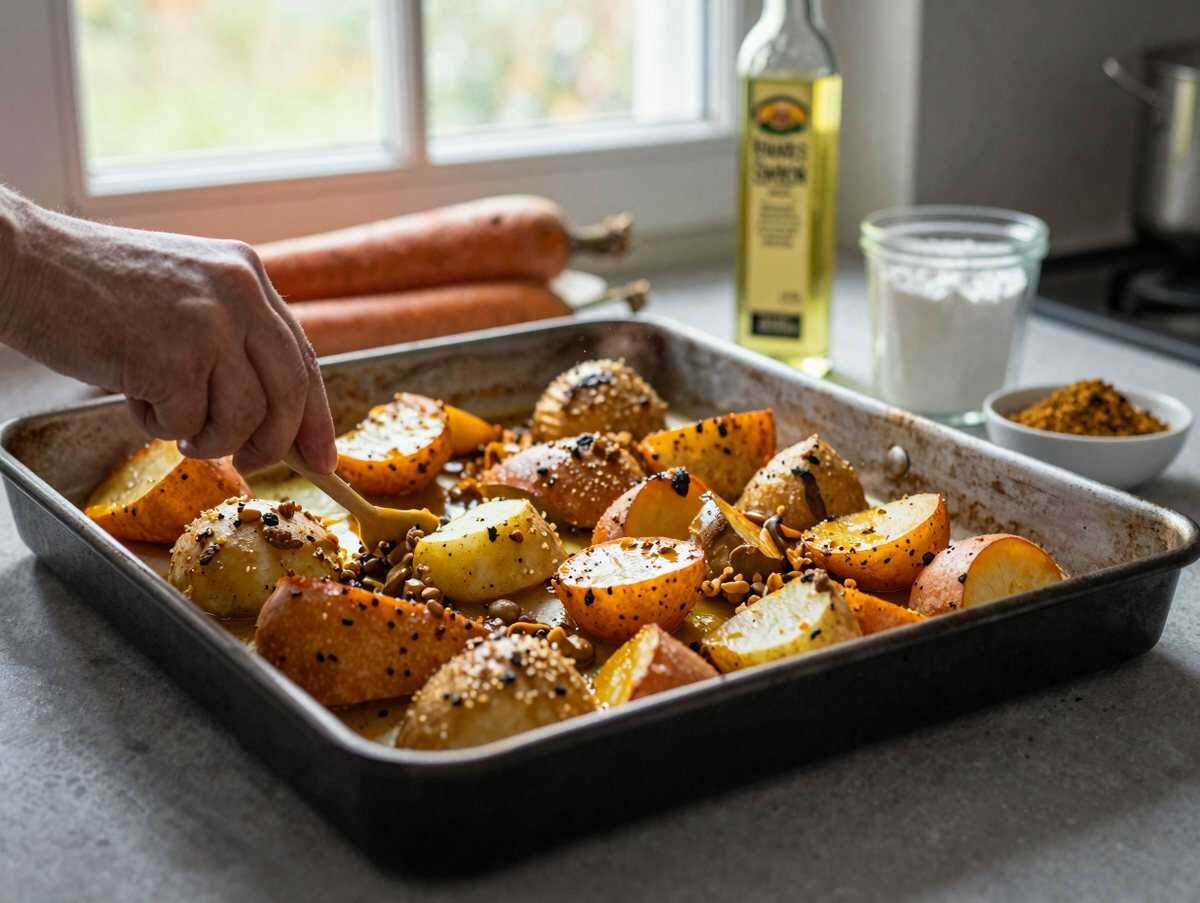 Süßkartoffel-Pommes mit Curry-Gewürz – während der Zubereitung