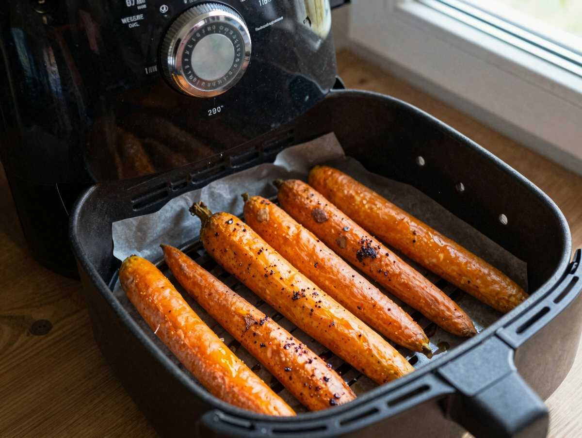 Süßkartoffel-Sticks mit Knoblauch aus dem Airfryer – während der Zubereitung