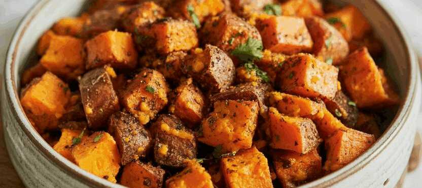 Süßkartoffel-Würfel orientalisch gewürzt aus der Heißluftfritteuse – so sieht es fertig aus