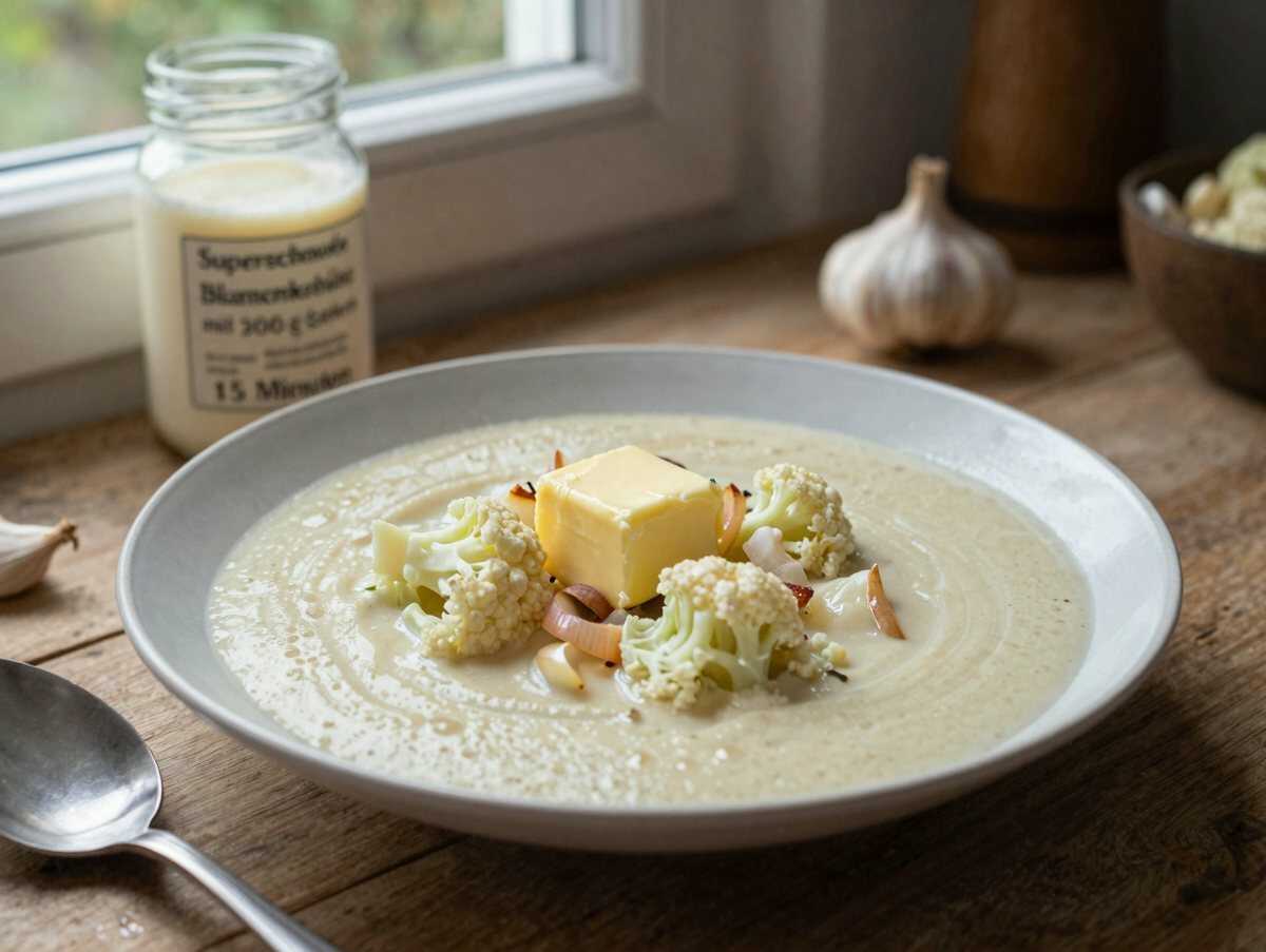 Superschnelle Blumenkohlsuppe mit 200 g Sahne in 15 Minuten – während der Zubereitung