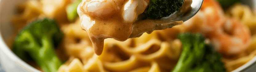 Tagliatelle mit Brokkoli und 250 g Garnelen in cremiger Sauce – so sieht es fertig aus