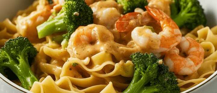 Tagliatelle mit Brokkoli und 250 g Garnelen in cremiger Sauce