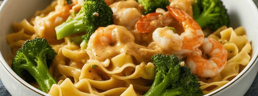 Tagliatelle mit Brokkoli und 250 g Garnelen in cremiger Sauce