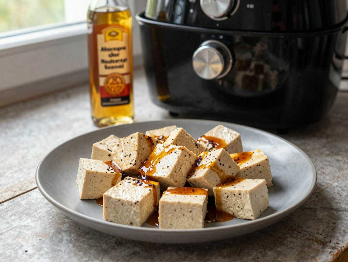 Tofu knusprig mariniert aus dem Airfryer – spart Zeit, Fett und Abwasch – während der Zubereitung