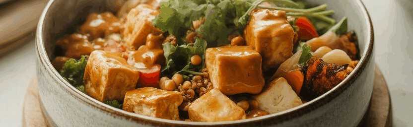 Tofu mit Erdnusssauce aus dem Airfryer – so sieht es fertig aus